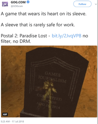 Illustration for article titled GOG Account Publishes Yet Another Awful Tweet